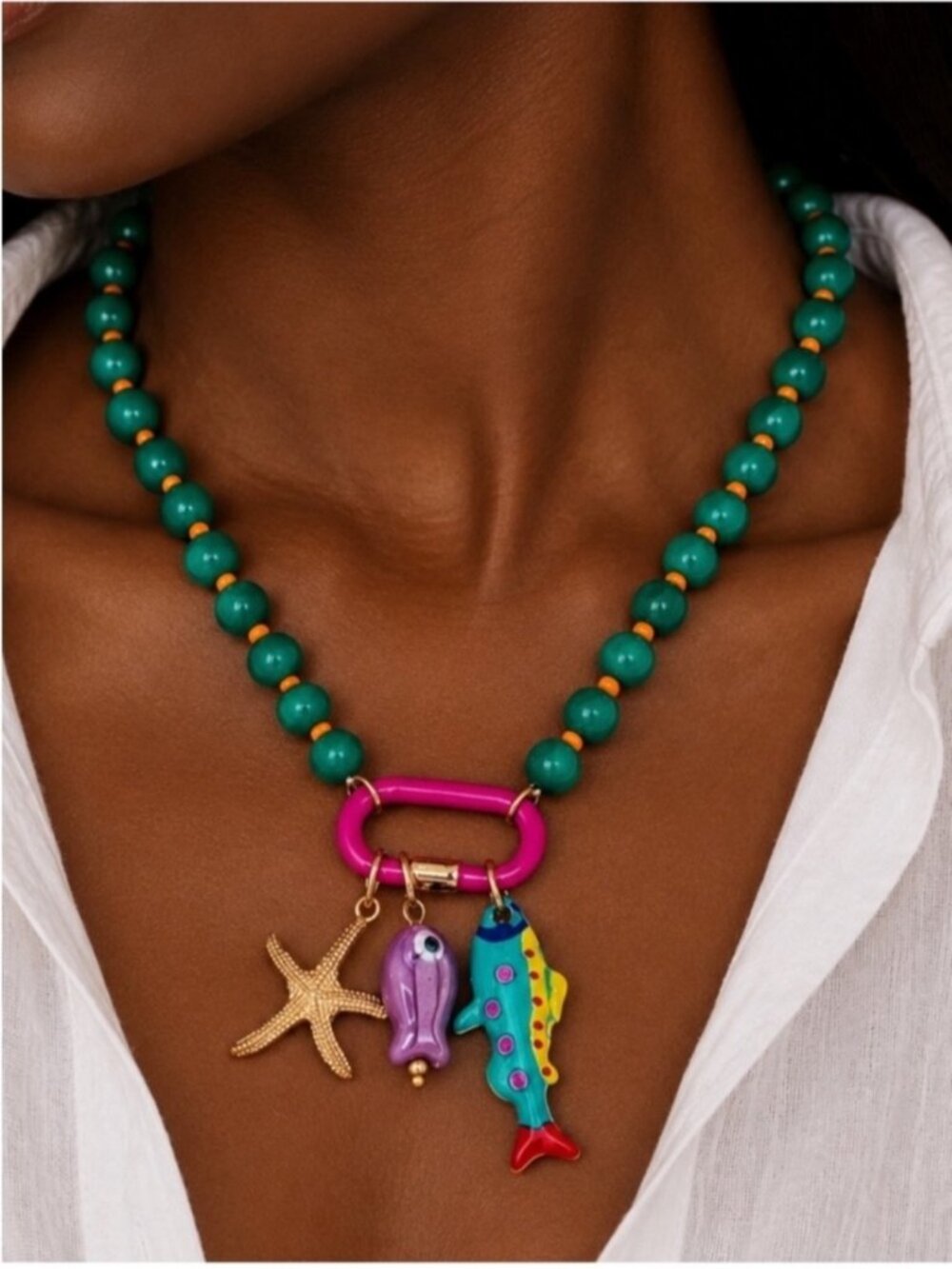 New! Coastal Green Beaded Fish Charm Carabiner Necklace NWOT(5003)